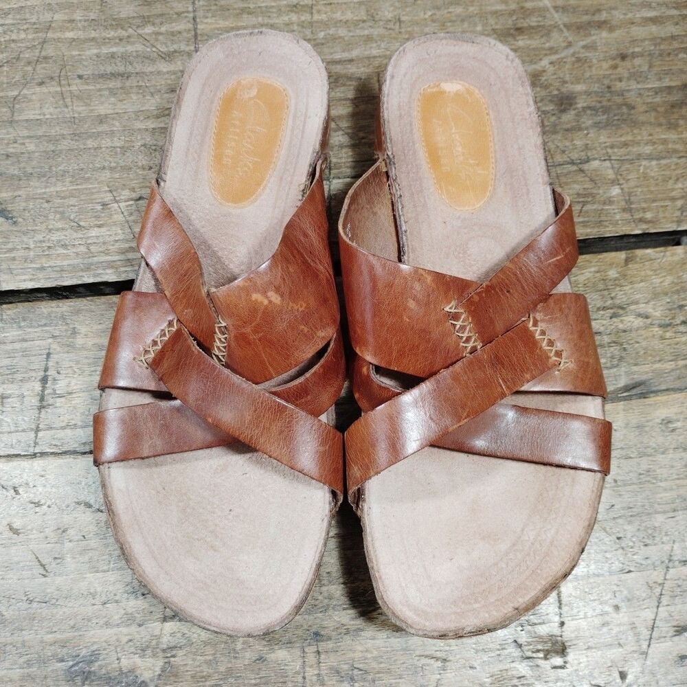 Clarks Artisan 8 M Sandals Leather Brown Shoes Slides *Read